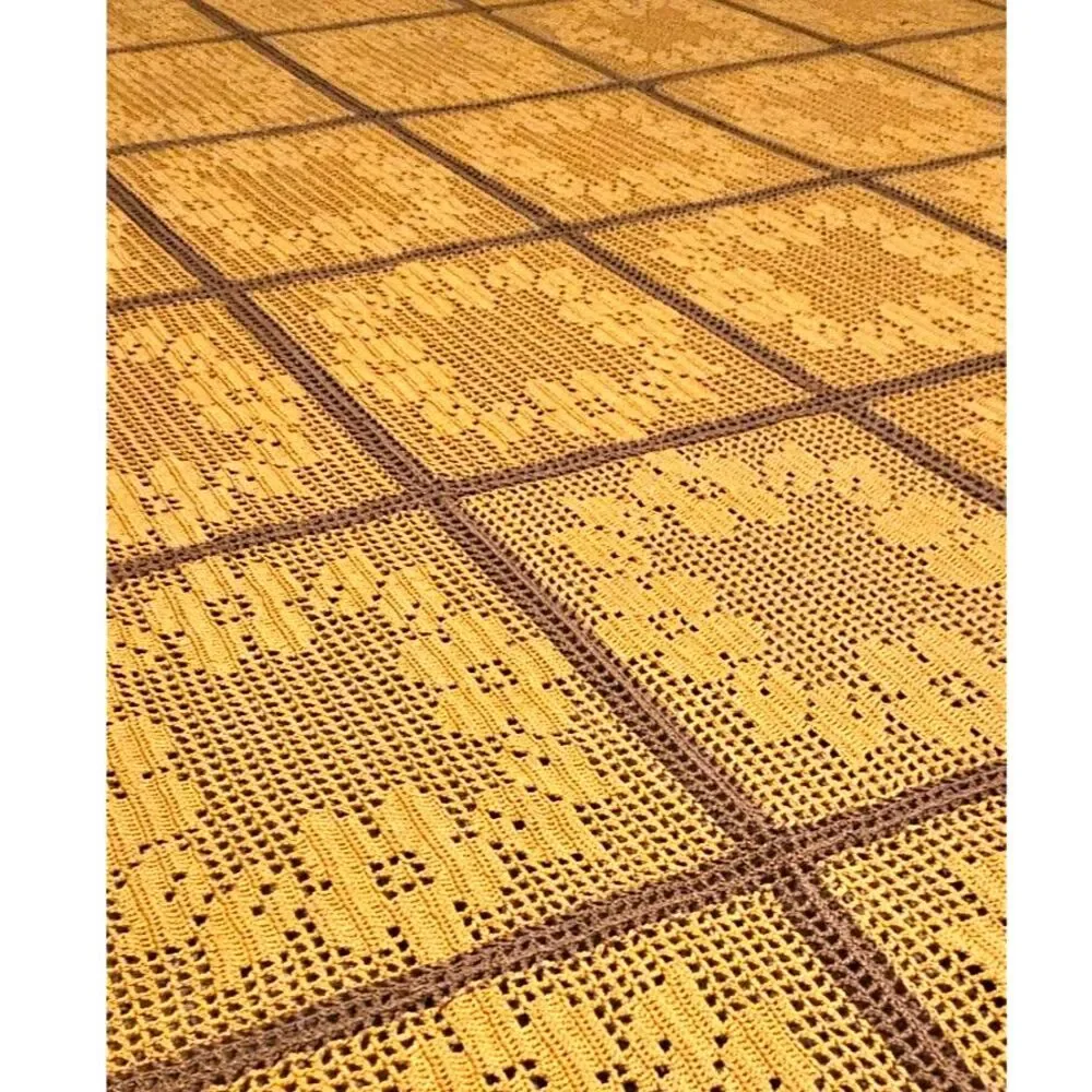 Vintage Hand Crocheted Gold Brown Floral Butterfly Twin Bedspread 85x90